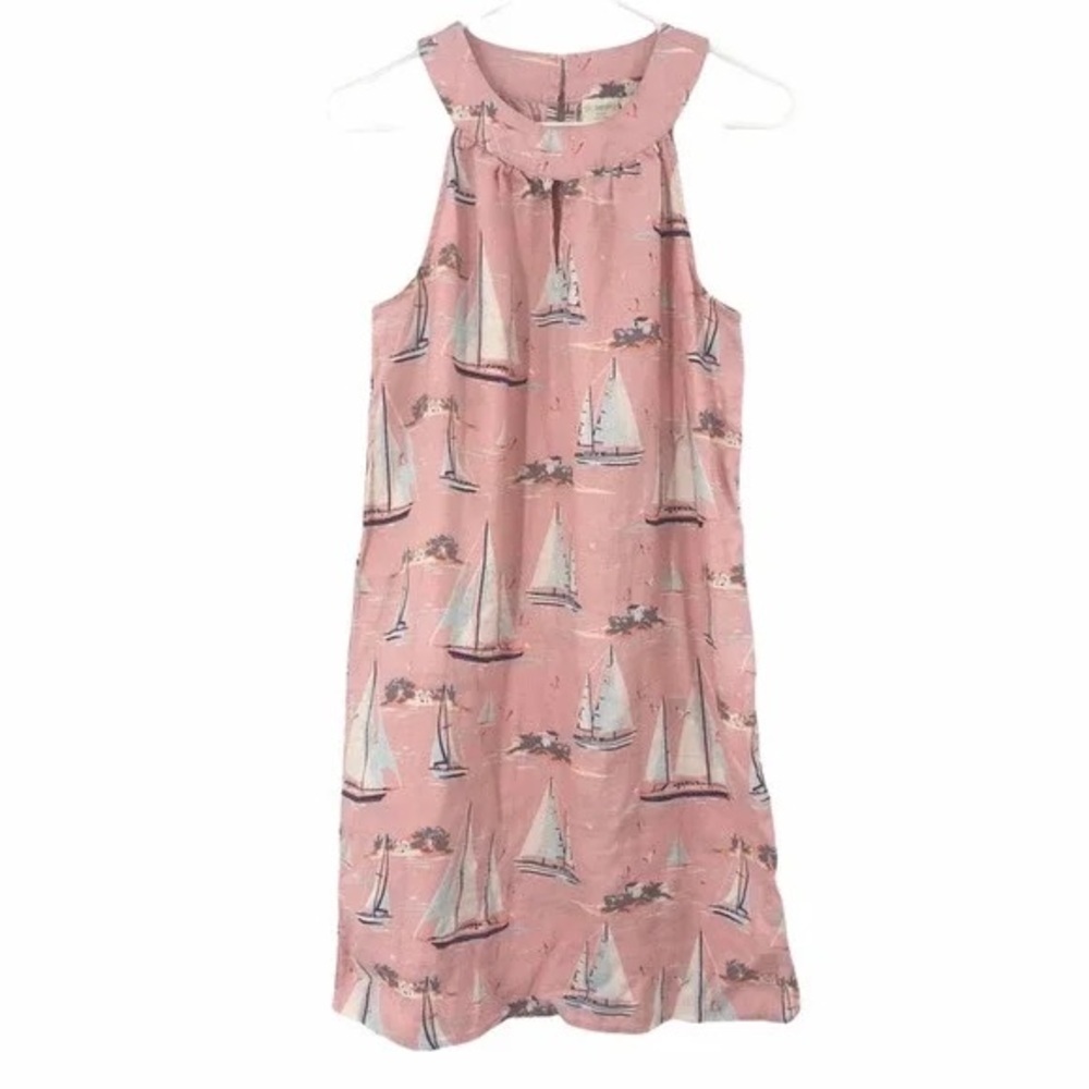 SAINT TROPEZ Blush Pink Linen Sailboat Sleeveless Dress XS
